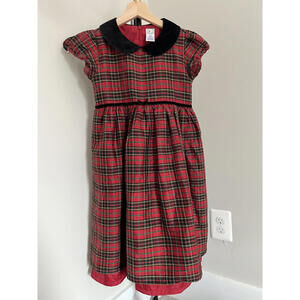Vintage Gymboree 2001 Red Silk Plaid Dress w/ Black Velvet Collar, Holiday Cheer